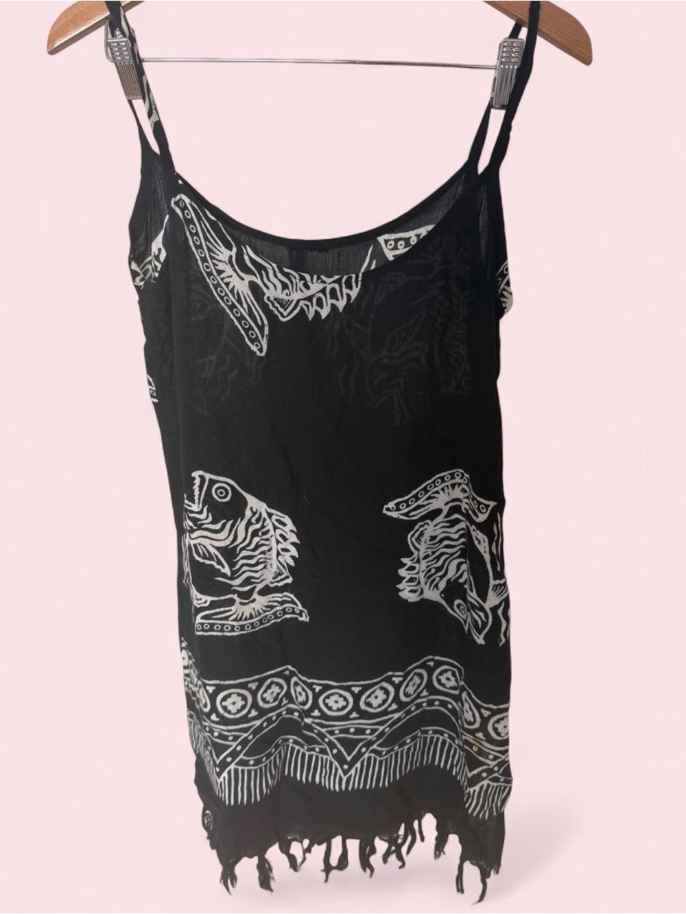 Black Printed Fringe Hem Womens Tank Dress - Brand Unknown